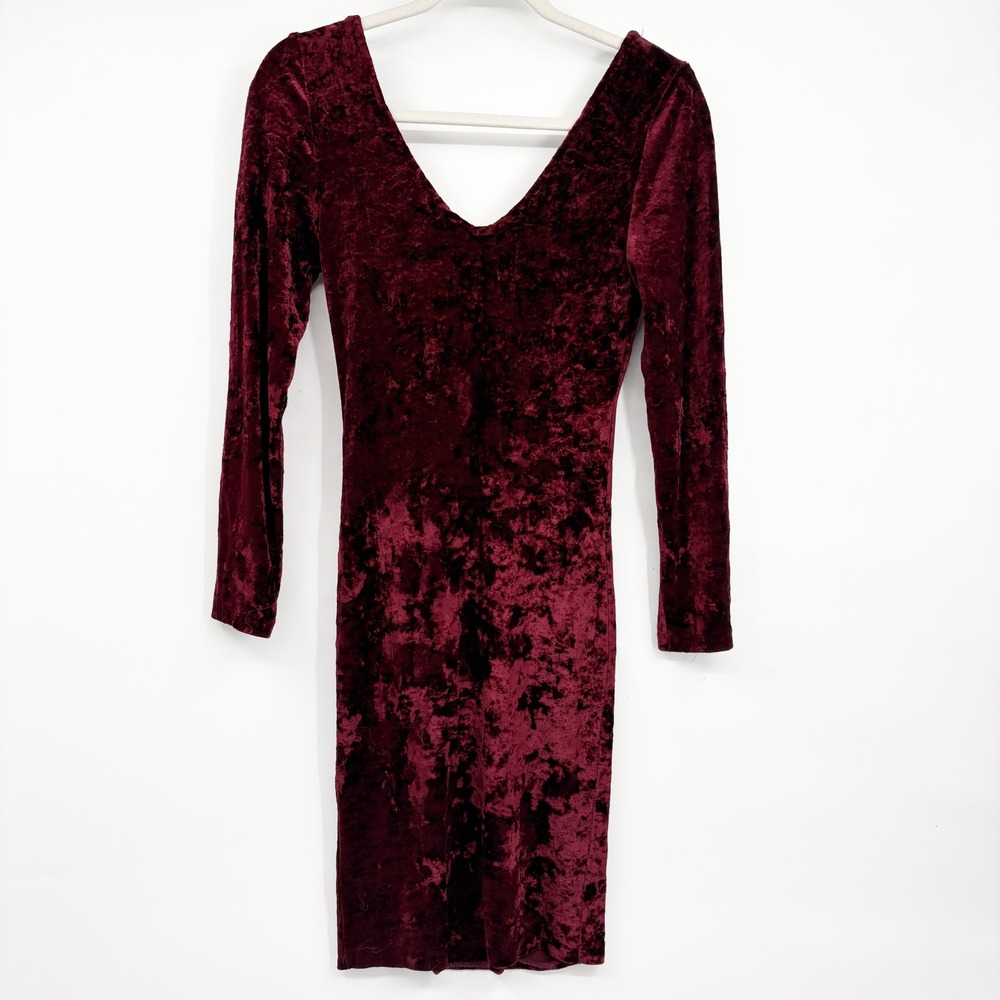 Hunza G Womens Burgundy Crushed Velvet 90s Vintage Whimsigoth Bodycon Dress 2